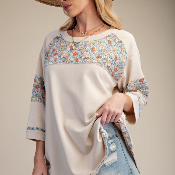 NEW EASEL Floral PATCH SOFT WASHED TERRY KNIT TOP BOXY PATCHWORK ECRU RELAXED - Picture 5 of 8